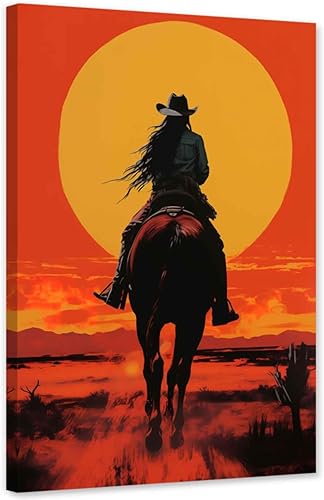 ARTZGX Lienzo de vaquero occidental para pared, diseño de atardecer occidental rojo, póster de pintura de vaquero vintage para decoración de sala de