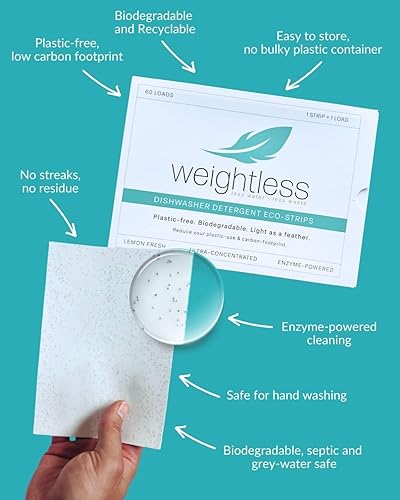 Miniatura 7 de WEIGHTLESS Hojas de detergente para lavavajillas, 60 cargas, fórmula alimentada por enzimas que corta la grasa y se disuelve pegada en los
