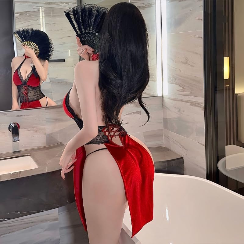 Women's Velvet Sexy Cheongsam Lingerie Dress, Deep V Neck, High Split Nightgown, Babydoll, Chinese Qipao Cosplay - Image 2