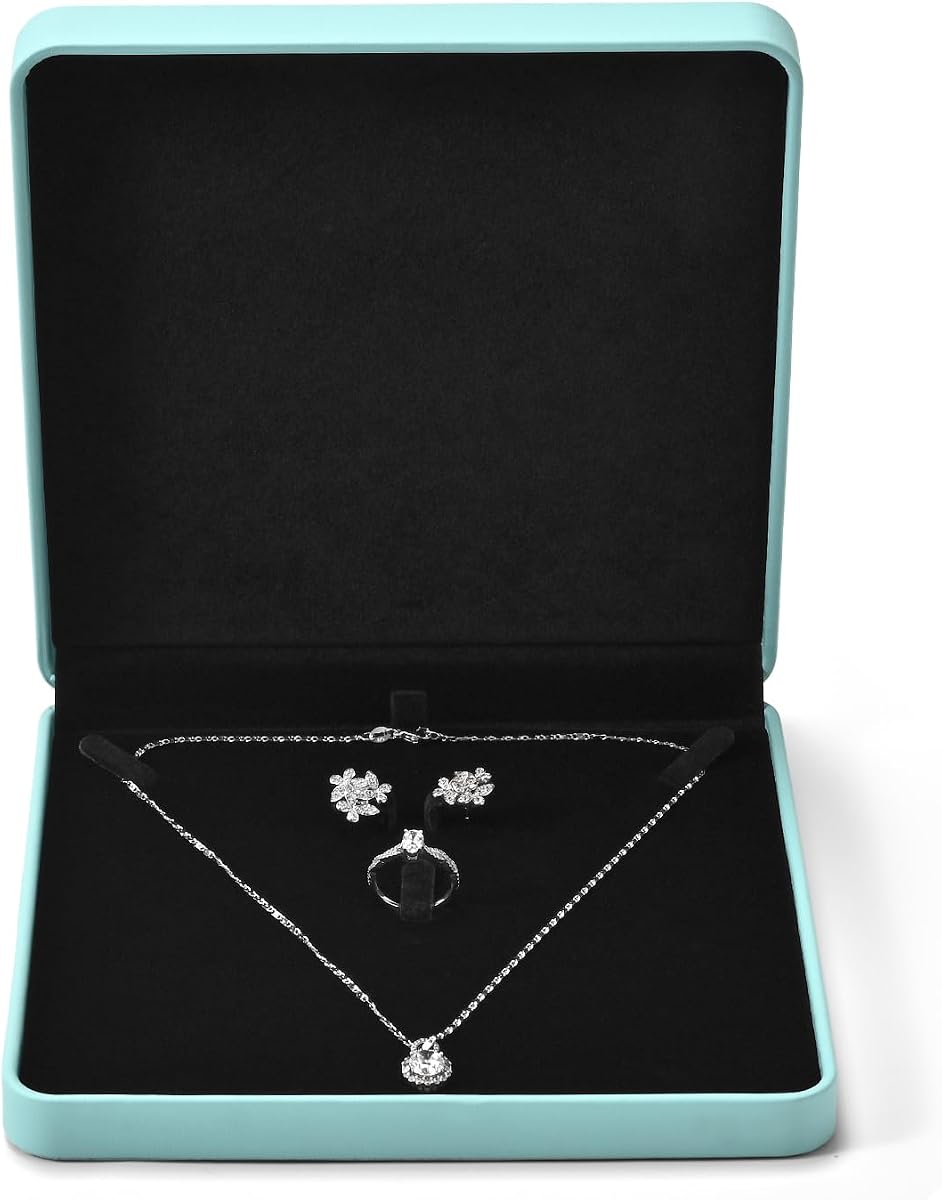 Light Blue PU Leather Jewelry Set Box, Large Velvet Gift Case | for Ring Earring Necklace Bracelet, Large Multi-Slot Interior, All-In-One Jewelry Storage, Multi-Piece Gift Packaging