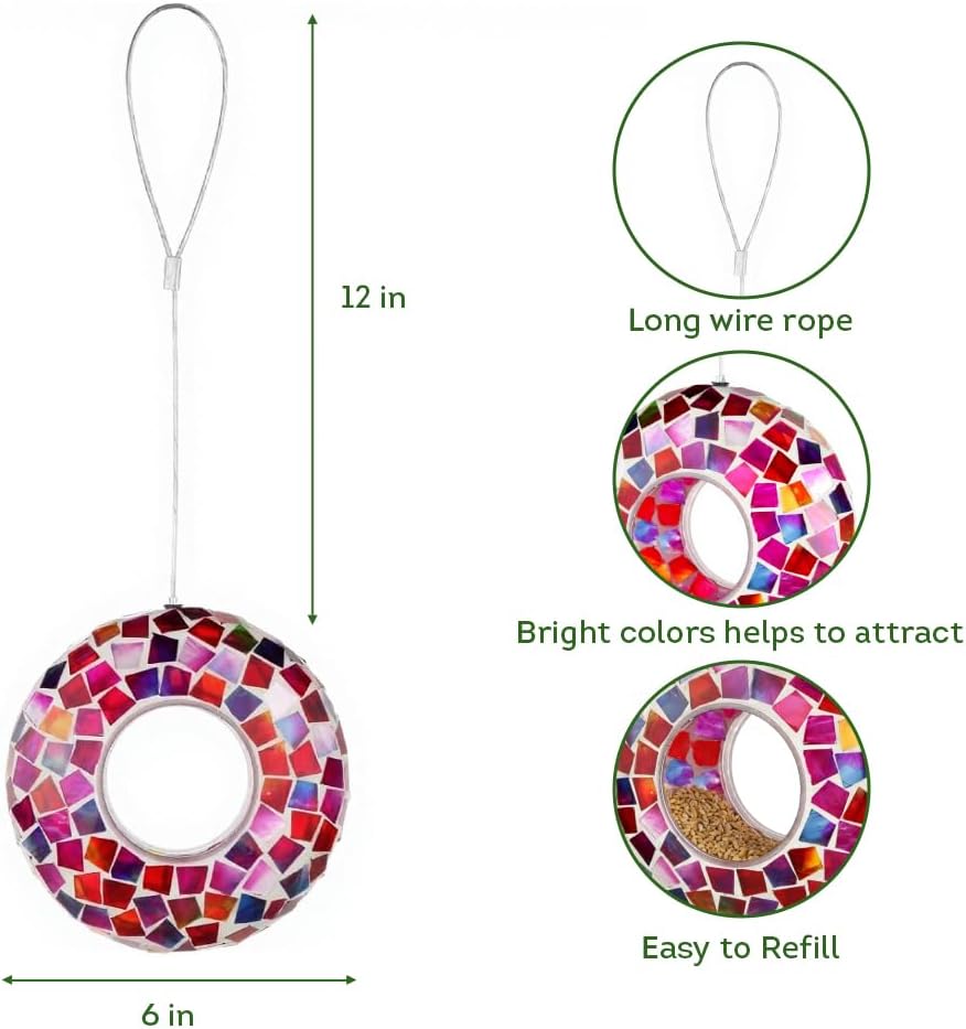 Lily's Home 6 Inches Glass Mosaic Hanging Bird Feeder for Outdoors Fly-Through Large Bird Feeder for Outdoor Garden Decor Backyard, Excellent Gift for Animals Lovers, Purple, Pink and Red