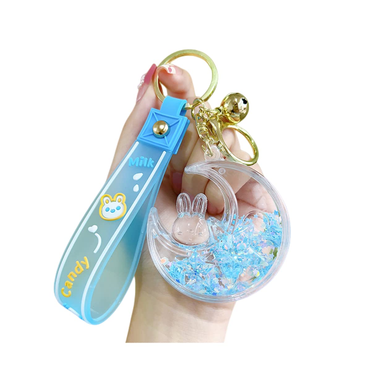 ZDHC Sleeping on Moon Rabbit Floating Moving Sand Keychain Creative Beautiful Star Quicksand Keyring Bag Pendant for Girl