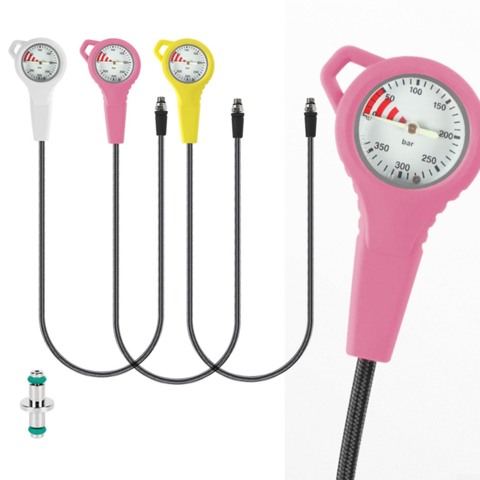 Manometro per immersioni subacquee, in fibra di carbonio, 300 bar, 7/16-20UNF, quadrante luminoso 65 cm, girevole a 360°, per cilindri di immersione, tubo SPG di ricambio (rosa)