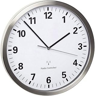 TFA Dostmann Analoge Funk Wanduhr mit Edelstahlrahmen, 60.3523, lautloses Uhrwerk, gut ablesbar, 30cm Durchmesser, inkl Batterien, für Innenräume, Funkuhr, weiß-Silber