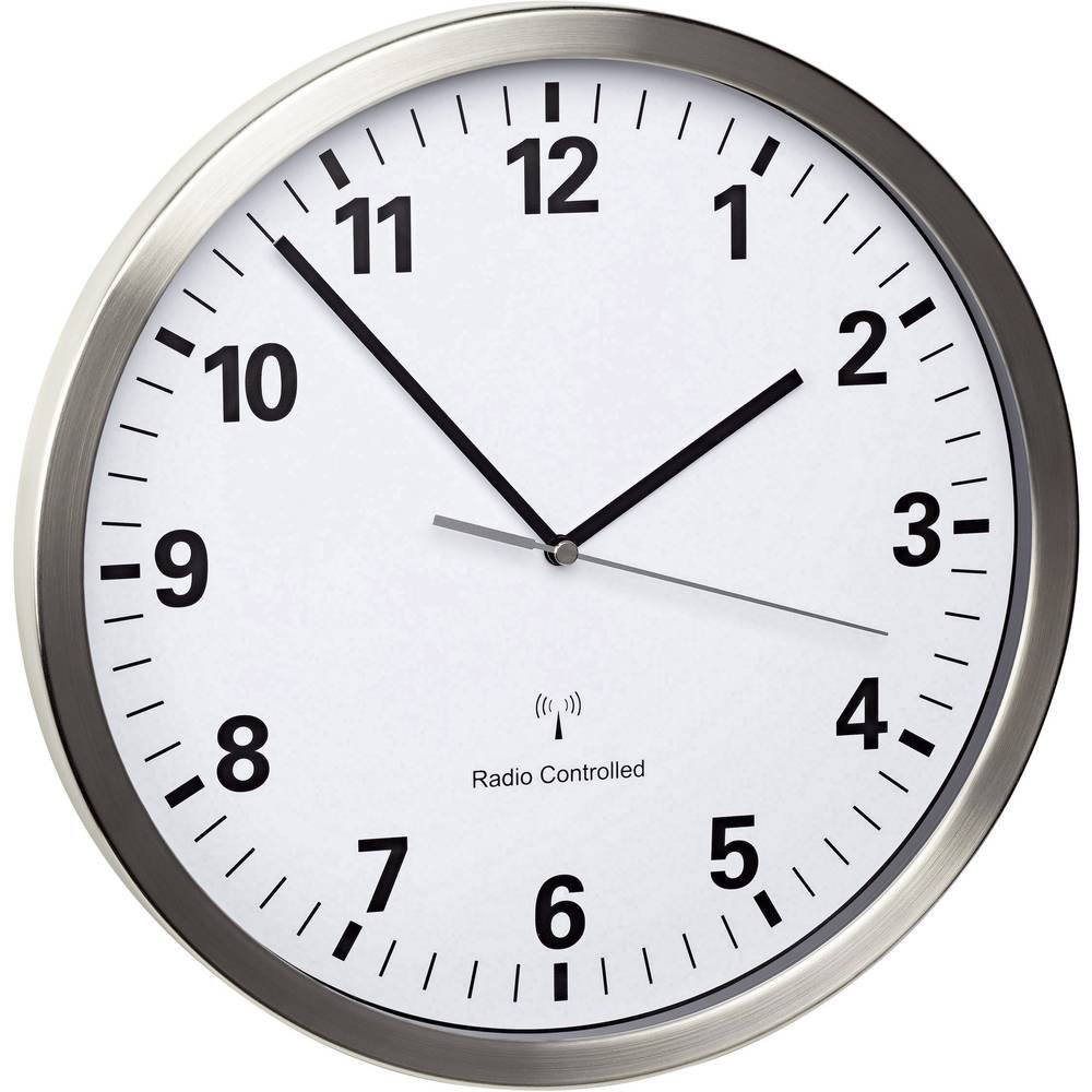TFA Dostmann 60.3523 - Orologio radiocontrollato, da parete, analogico, con struttura in acciaio inox, grande, 30 cm di diametro, bianco