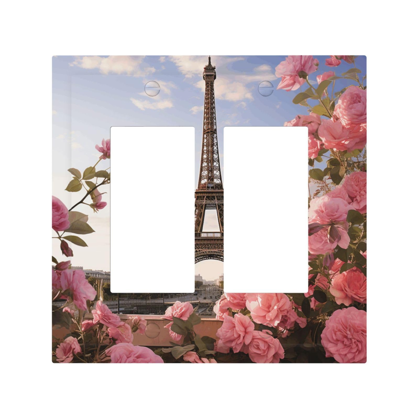 2-Gang Decorator Wall Plate Eiffel Tower Spring Flowers Light Switch Cover Double Toggle Receptacle Wall Plate Mid Size 4.9" x 5" Wallplate Unbreakable Polycarbonate Outlet Faceplates Covers