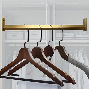 Heavy Duty Gold Closet Rod,Silent & Anti-Slip Clothes Hanging Bar Wardrobe Pole 8 24 36 40 67 Inch Cabinet Bars Cuttable,for Laundry Room Bedroom,with Flange Set,Load 70kg