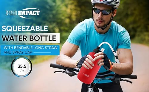 Pro Impact Squeezable Water Bottle Bendable Long Straw and Spray cap - LDPE BPA Free Plastic - Hydration for Baseball Hockey Gym MMA Yoga Boxing Cycling Softball Football Lacrosse (35.5 Oz.)