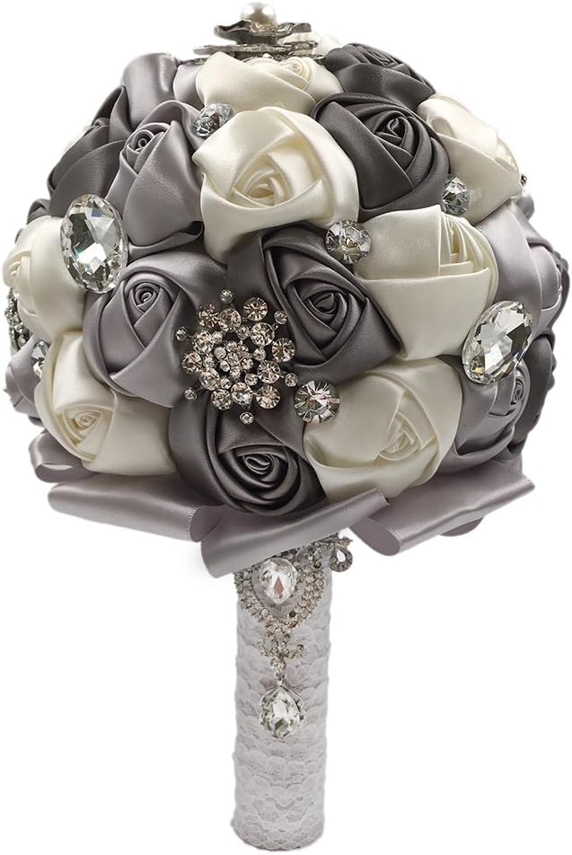 Abbie Home 8" Bridal Bouquet with Crystal Rhinestones Ivory Grey Rose Wedding Holding Flowers (Grey)