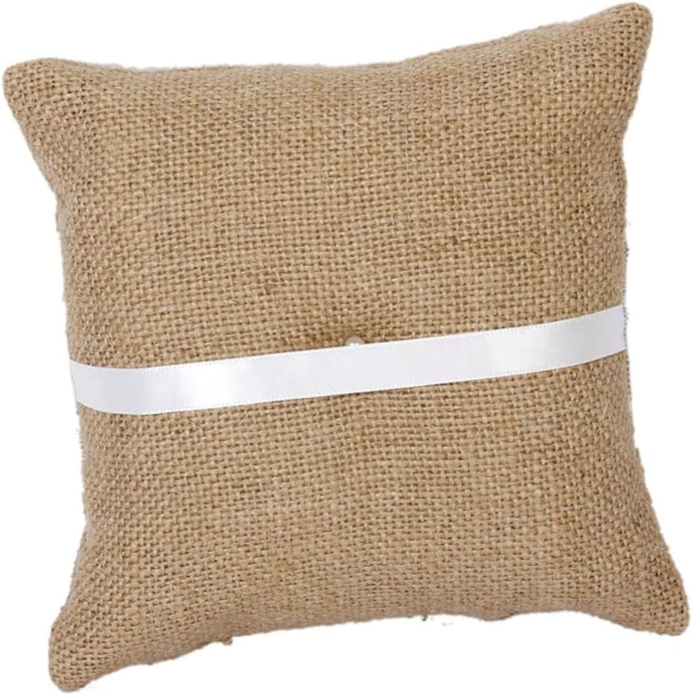 6 Pack Burlap Ring Bearer Pillow 15x15 Inch Jute Lace Trim Rustic Country Style Wedding Basket Set