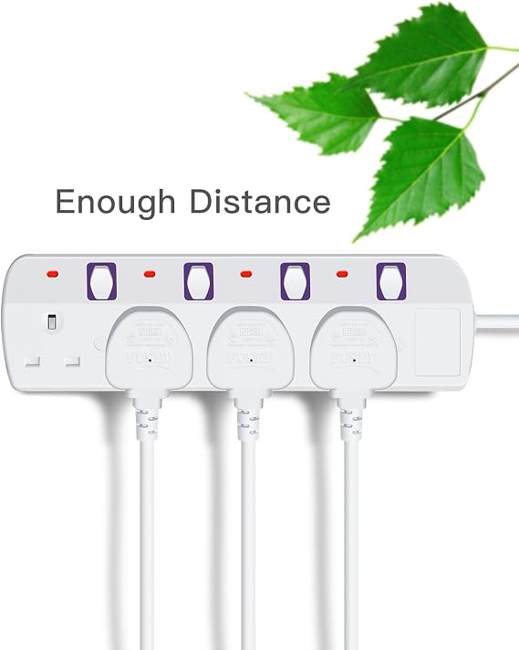 Extension Lead 4 Way Multi Plug Extension Sockets with Individual Switches Wall-Mounted Power Strip 2M Extension Cord 13A Fused UK Plug 3250W