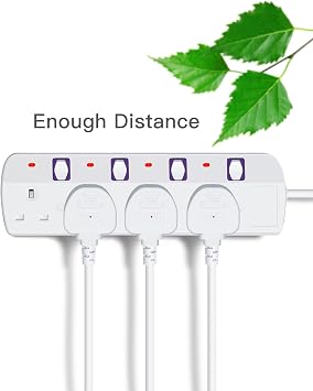 Extension Lead 4 Way Multi Plug Extension Sockets with Individual Switches Wall-Mounted Power Strip 2M Extension Cord 13A Fused UK Plug 3250W