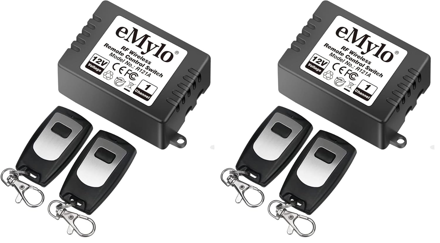 eMylo Wireless Remote Switch RF DC 12V 1 Channel One Relay Light Switch Transmitter 433Mhz Remote Control Switch for Light, Lamp, Door Garage, Industrial Control and Security Fields (Pack of 2)