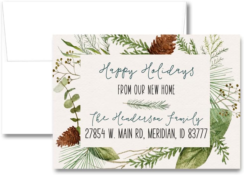 Happy Holidays from Our New Home Greeting Cards, Holiday Moving Announcement, Christmas We Moved Cards, Greenery Personalized We've Moved Stationery, Pine Cone Change of Address Cards with Envelopes