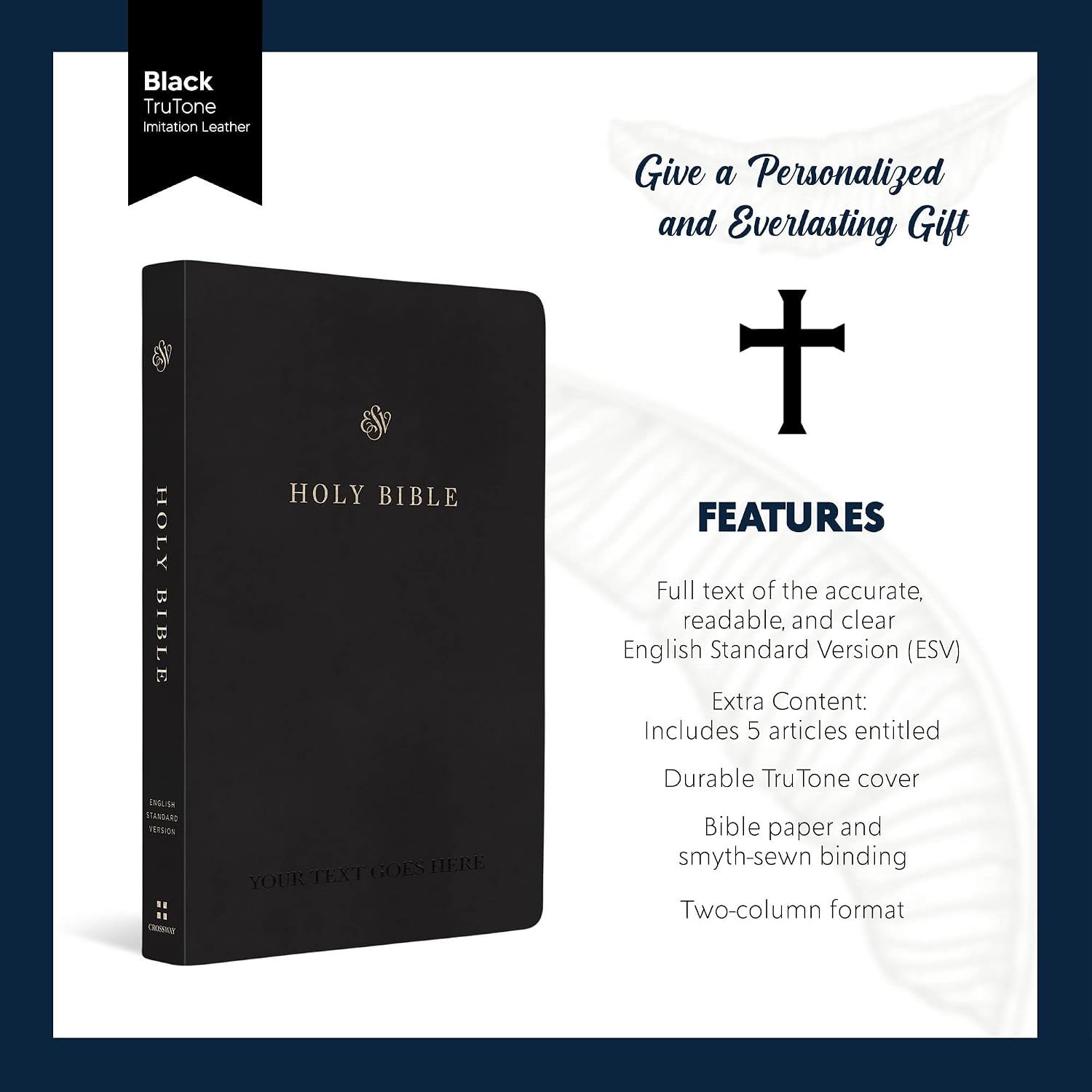Personalized ESV Bible English Standard Version Trutone Faux Leather Holy Bible with Custom Name Includes Up to 3 Rows of Text, Custom Gift for Christian & Religious Celebrations | Black