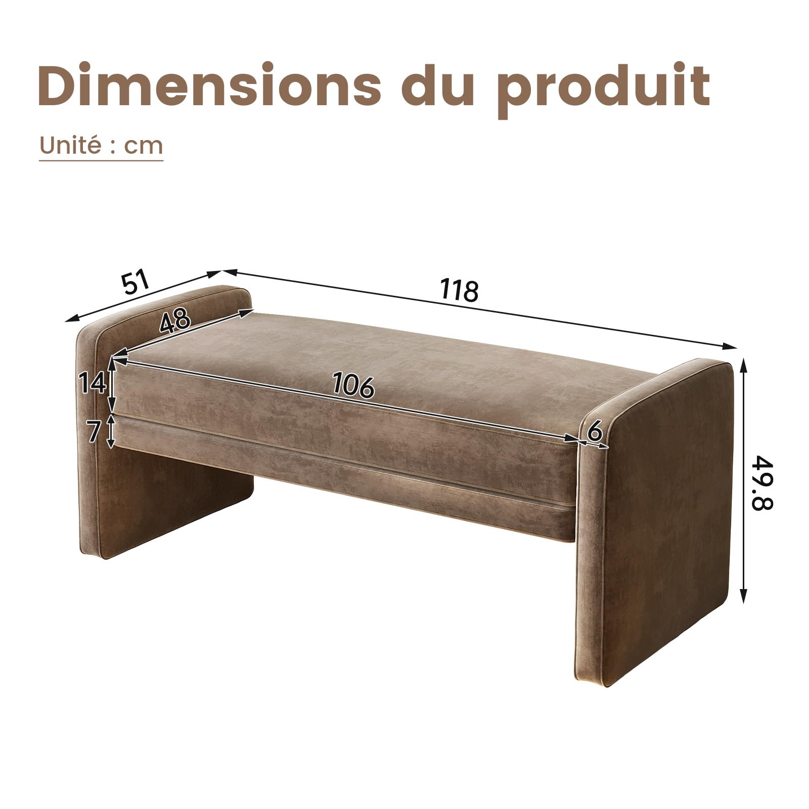 Miuuod Banc ottoman rembourré en lin, siège d'entrée pour salon, salle à manger avec siège rembourré pour chambre à coucher et couloir, marron