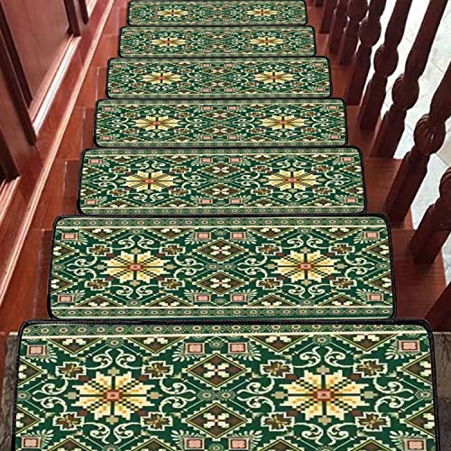 Cepere Stair Treads Carpet Set of 15 Beautiful Figure Tribal Ukrainian Geometric Ethnic Oriental Non-Slip Self-Adhesive Mats Runner Safety Rug Indoor Outdoor Step Cover for Kids Dogs 30''x8'', Multi1