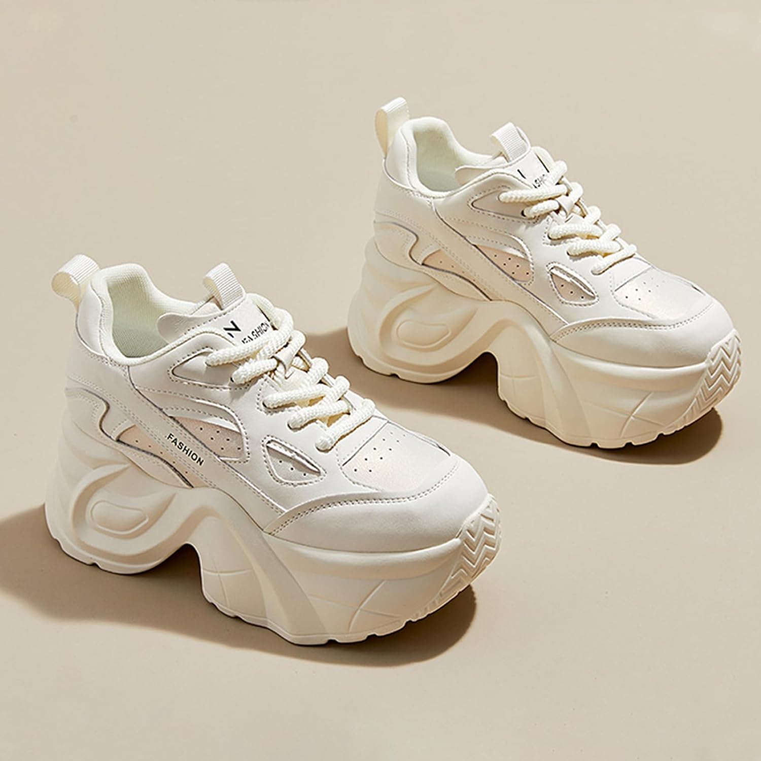 PTNOKA Women's Chunky Platform Walking Dad Shoes Lace Up Wedge Low Top Height Increasing Shoes Fashion Comfortable Casual Sneakers - Image 4