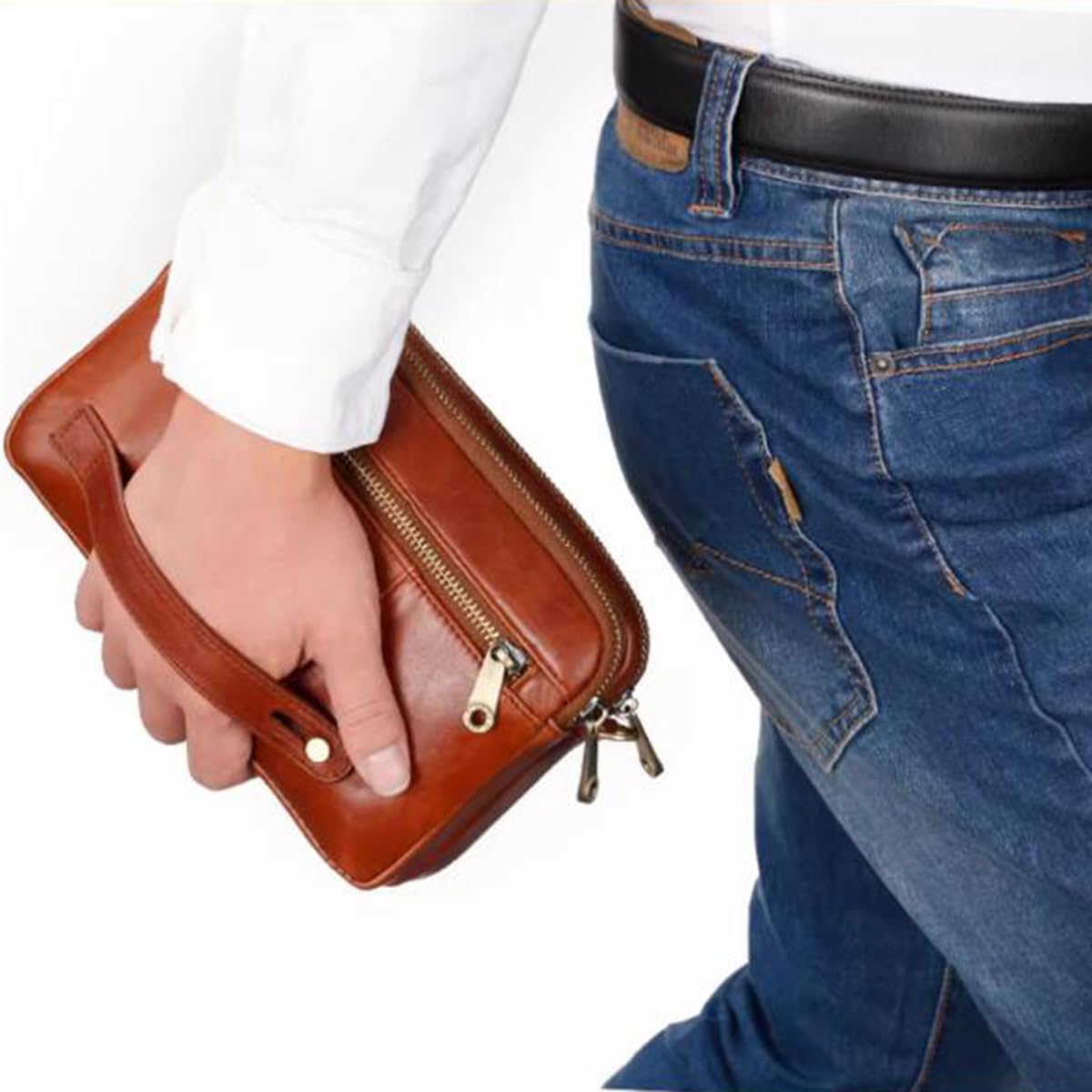 Homme Pochette Clutch Sac à Main en Cuir Véritable Grande Capacité pour Téléphone, Casual Portefeuille Long avec Dragonne Détachable, Petit Sac d'embrayage de Poignet pour Affaires Voyage Brown