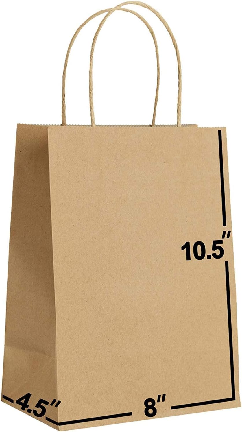 [100 Bags] 8 X 4.5 X 10.5 Brown Kraft Paper Gift Bags Bulk
