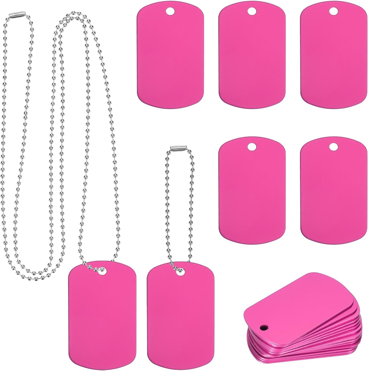 MECCANIXITY Blank Dog Tags Rectangle Blank Aluminum Blank Keychains Two Size Length Ball Steel Chains Metal Personalized Pet Tags with Hanging Hole for DIY Crafts Rose Red, 50 Set