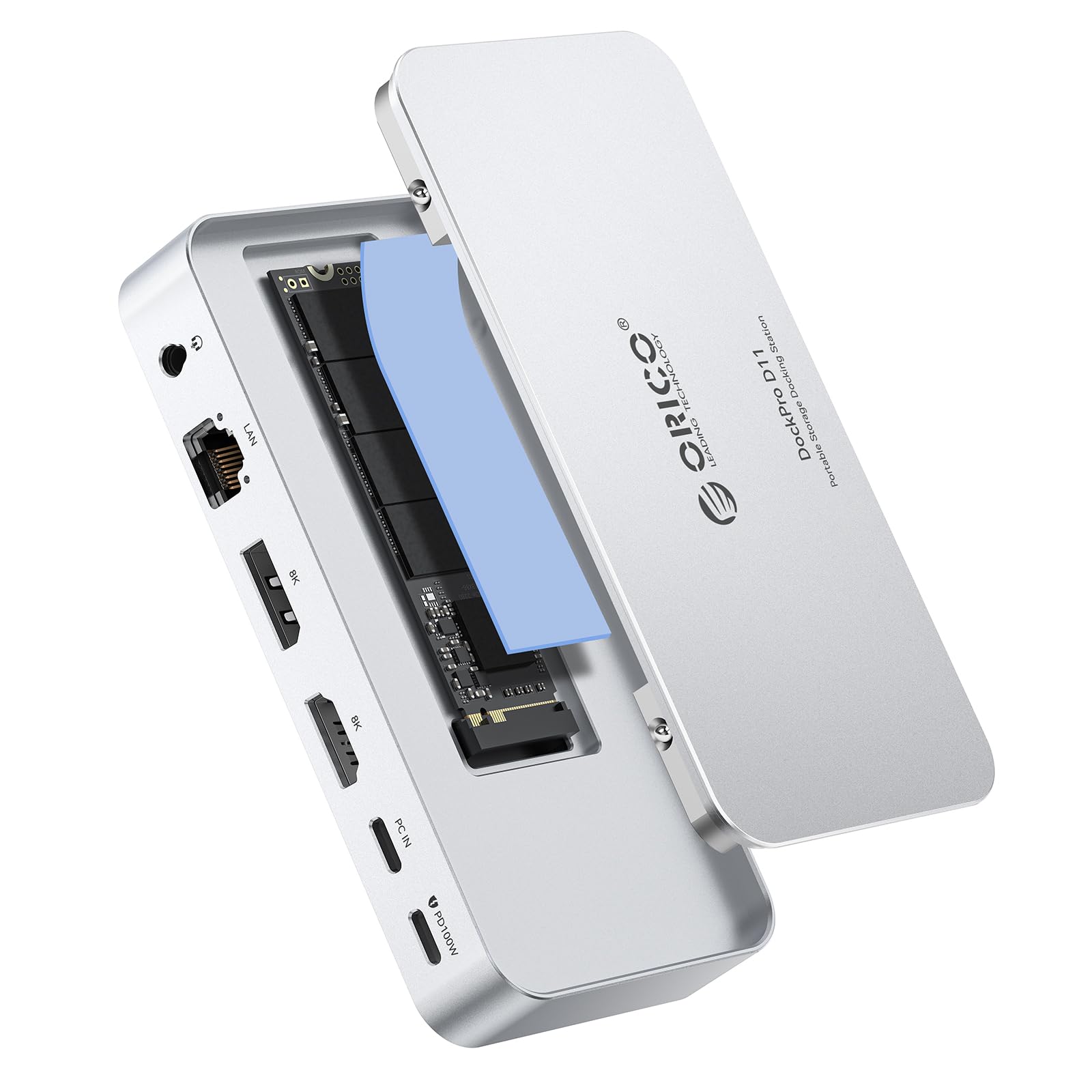 ORICO Stacja dokująca 11 w 1 z obudową 8 TB M.2 NVMe/SATA SSD, stacja dokująca do laptopa, 2 monitory z HDMI 1 x DP 8K 30 Hz, 2 x USB-A/C 10 Gbps, SD/TF, 100 W PD, 1 Gbps Ethernet, USB C do MacBook