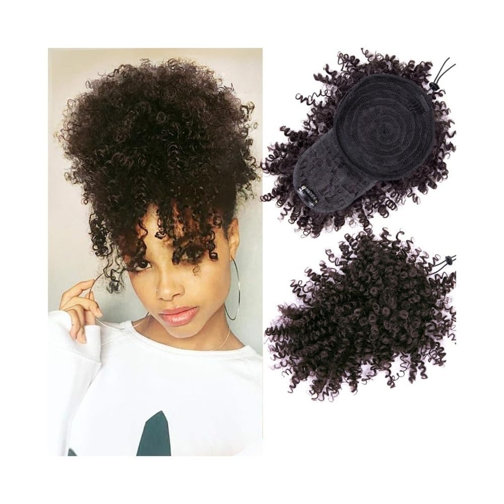 Panino per Capelli disordinato Chignon Afro Alto e voluminoso con Frangia, Coda di Cavallo Sintetica con Coulisse e riccioli Crespi Parrucchino a Coda di Cavallo per l'uso Quotidiano(4)