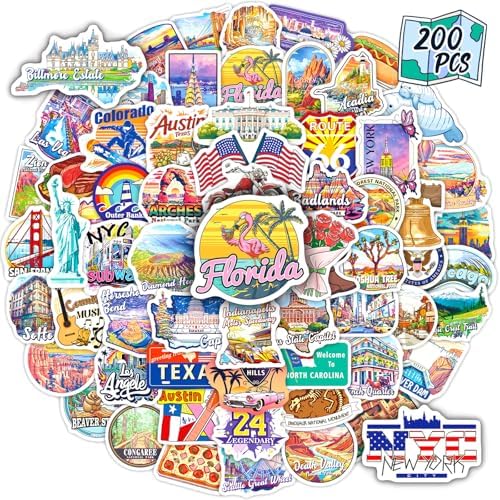 200 US Travel Stickers, USA State Travel Stickers for Laptop Water Bottle Journal Scrapbook, National Park Landmark Vinyl Decals for Suitcase Luggage