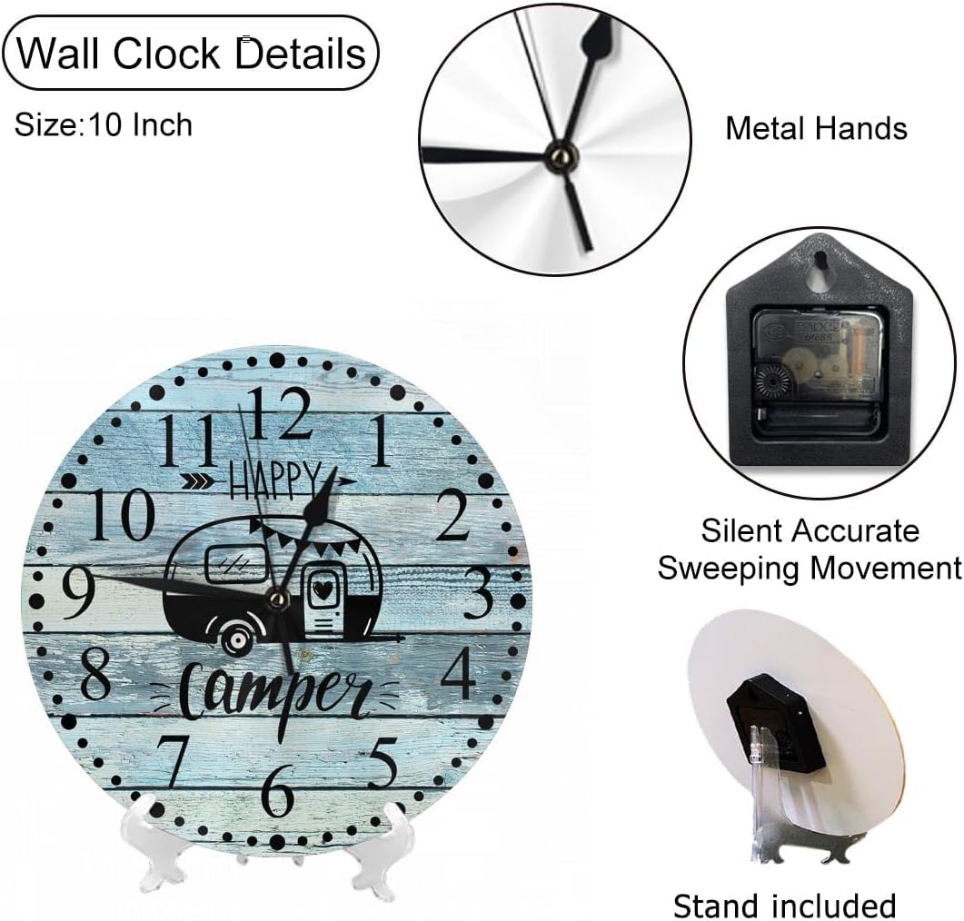 Clock Happy Camper Wall Clock 10 Inch Battery Operated Clock Silent Non-Ticking Modern Clocks Decorative for Home Kitchen Living Room Bathroom Office