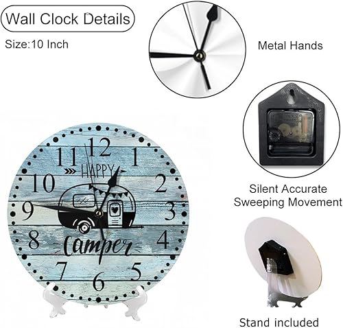 Miniatura 3 de Reloj de pared Happy Camper de 10 pulgadas, funciona con pilas, silencioso, sin tictac, moderno, decorativo, para el hogar, cocina, sala de estar,