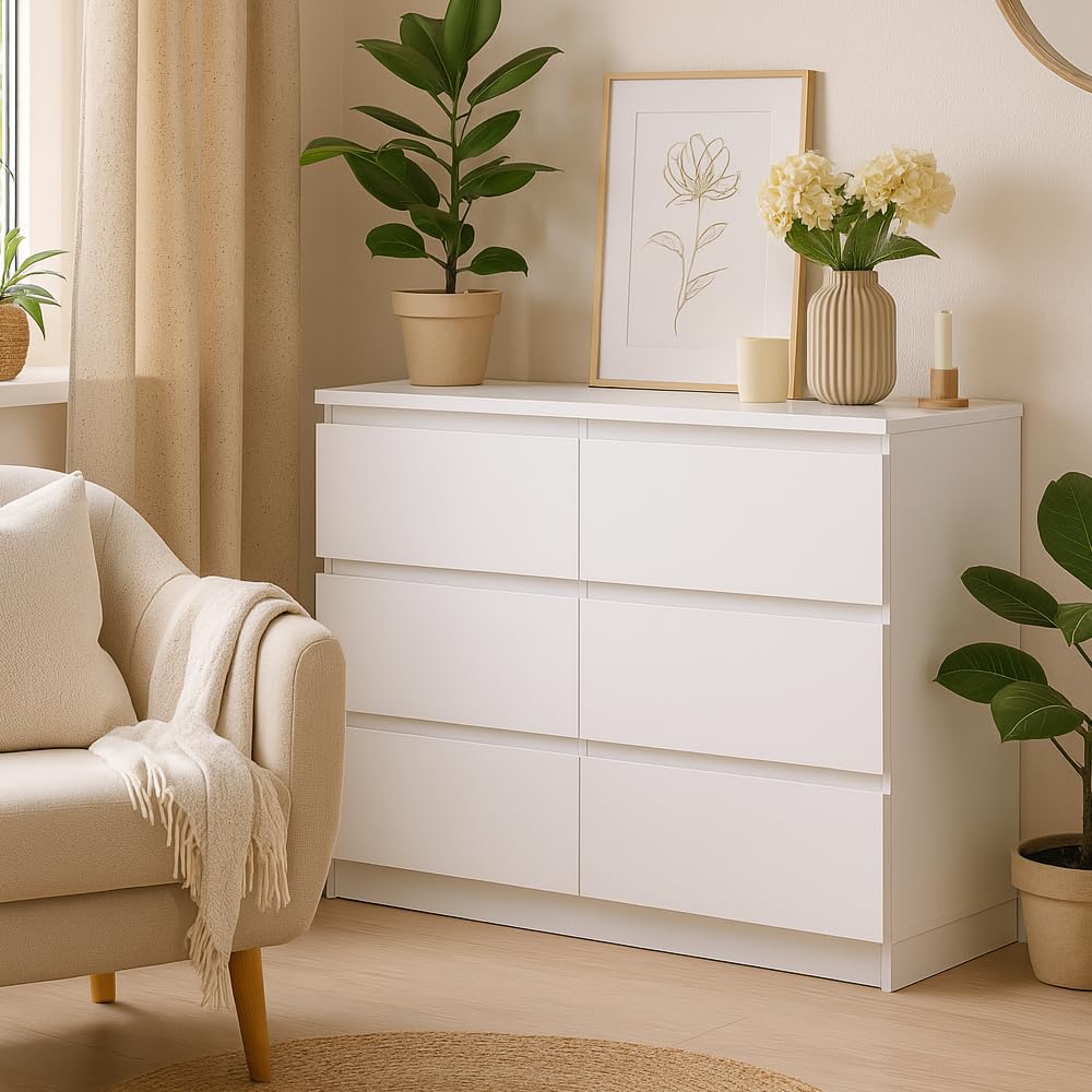 Kommode Basic Weiß mit 6 Schubladen | Viel Stauraum, 100x75x40 cm | Schubladenschrank für Schlafzimmer, Wohnzimmer, Büro oder Kinderzimmer