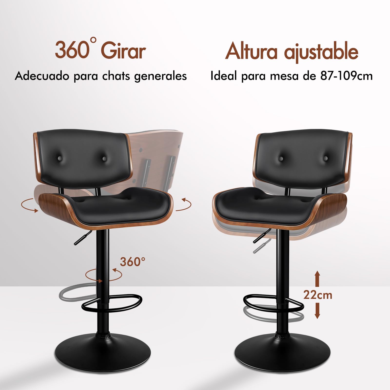 ALFORDSON Taburete de Bar, taburetes de Cocina giratorios con altura ajustable, Taburete de mostrador Odette de Madera, pistón de gas, Cuero PU abotonado, Negro