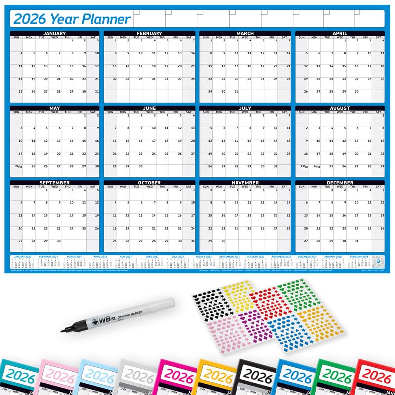 PlannerHead 2026 Laminated Wall Planner Calendar Chart Poster/Yearly Calendar 2026 / Grid Style 12 Months with Pen & 400 Stickers / 2027 Footnote Included/Blue/Medium (35x49cm)