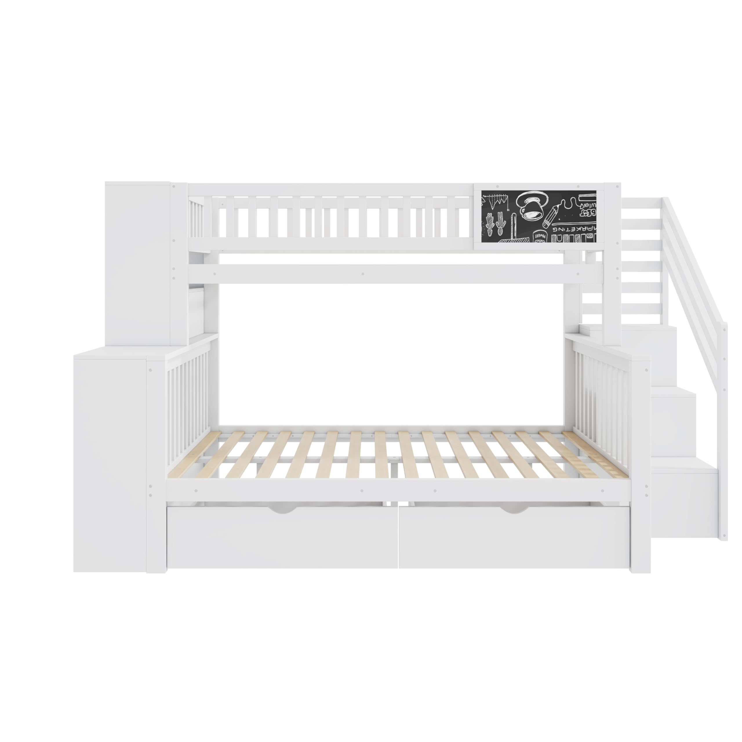 Letto a castello 140 x 200 | 90 x 200 cm, Scala di Sicurezza -Salvaspazio con vani portaoggetti, 2 cassetti, Libreria Grande a 6 Ripiani, Pino Robusto Bianco, 3 adolescenti e adulti