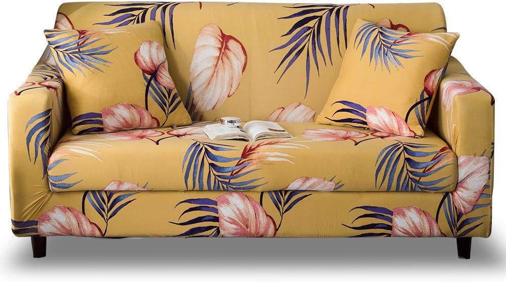 HOTNIU Stretch Sofa Cover Printed Couch Cover Sofa Slipcovers for Couches and Sofas Polyester Spandex Furniture Cover/Protector with Elastic Bottom & Anti-Slip Foam (3 Seater, Yellow Leaves)