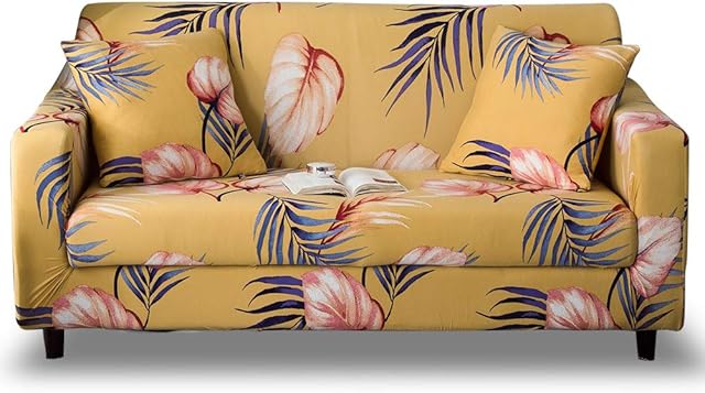 Hotniu Stretch Sofa Cover Printed Couch Cover Sofa Slipcovers for Couches and Sofas Polyester Spandex Furniture Cover/Protector with Elastic Bottom & Anti-Slip Foam (2 Seater, Yellow Leaves)