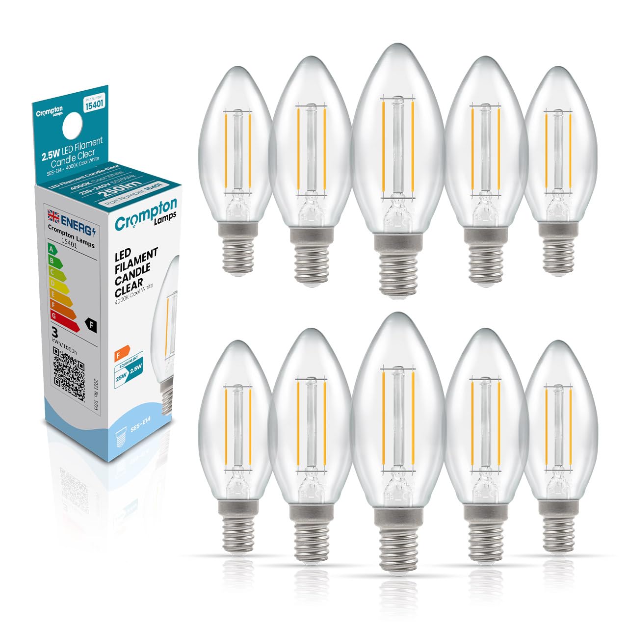 Crompton Lamps Filament Candle LED Light Bulb SES-E14 | 2.5W = 25W Equivalent | Cool White 4000K | Energy Efficient | Small Screw Lightbulb | Long Life 15000-Hrs | Clear Glass | Dimmable | 10-Pack