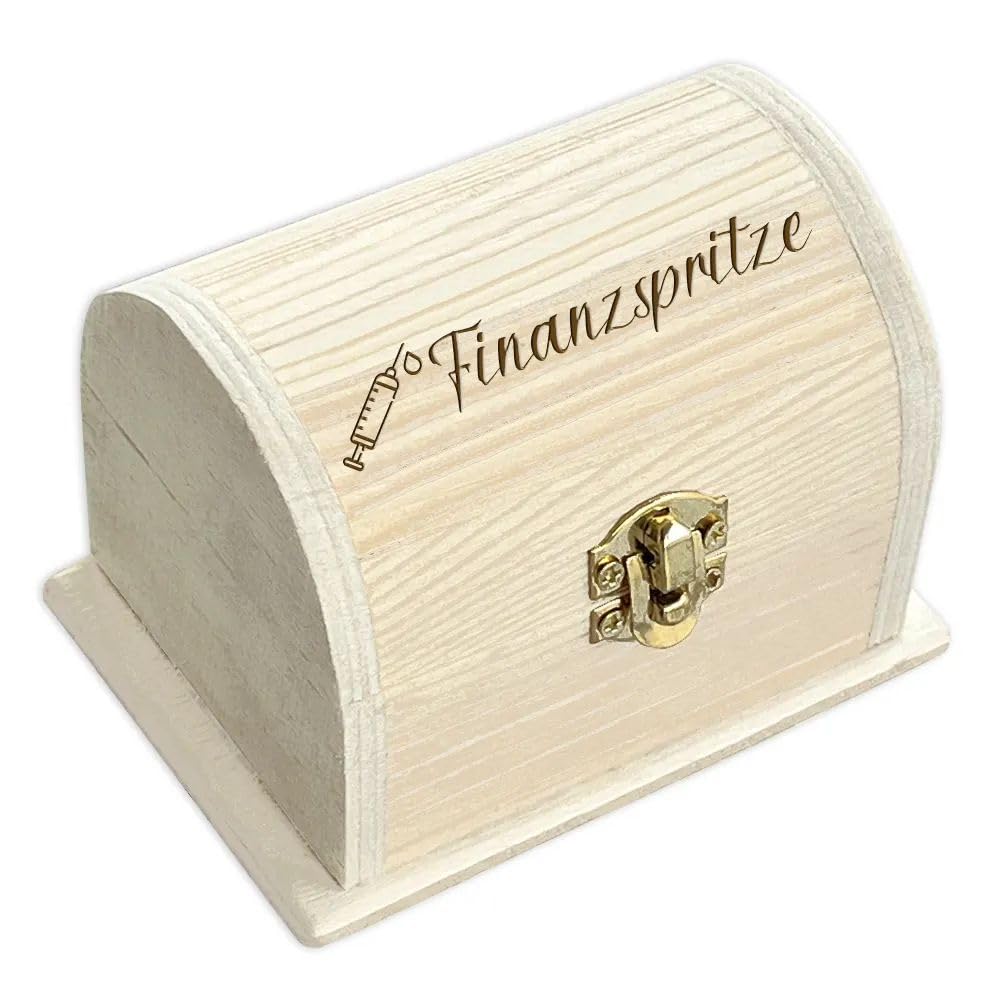 Geldgeschenk kleine Schatztruhe 'Finanzspritze' – Personalisierte Holzkiste mit Gravur für Geldscheine & Gutscheine, 10,5x6,5x7cm, Scharnier & Metallschloss, Geschenk zur finanziellen Unterstützung