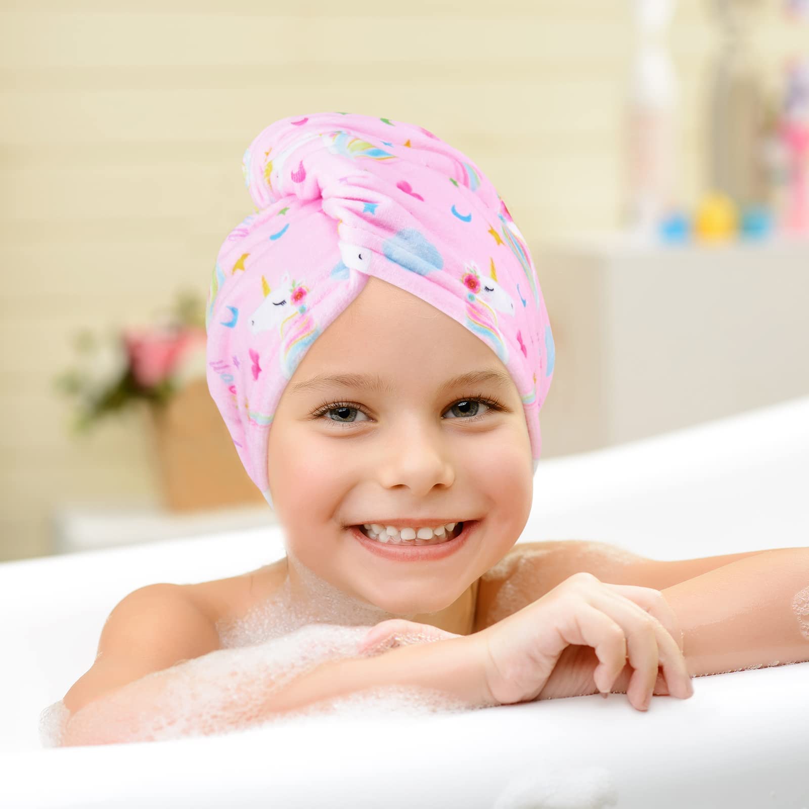 WAWSAM 2 Pezzi Asciugamani Capelli a Turbante Asciugamano in Microfibra per Capelli con Bottoni (Unicorno bianco e rosa)