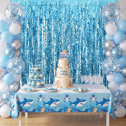 Image of TONIFUL 2Pcs Wavy Light Blue Metallic Tinsel Foil Fringe Curtain Streamer