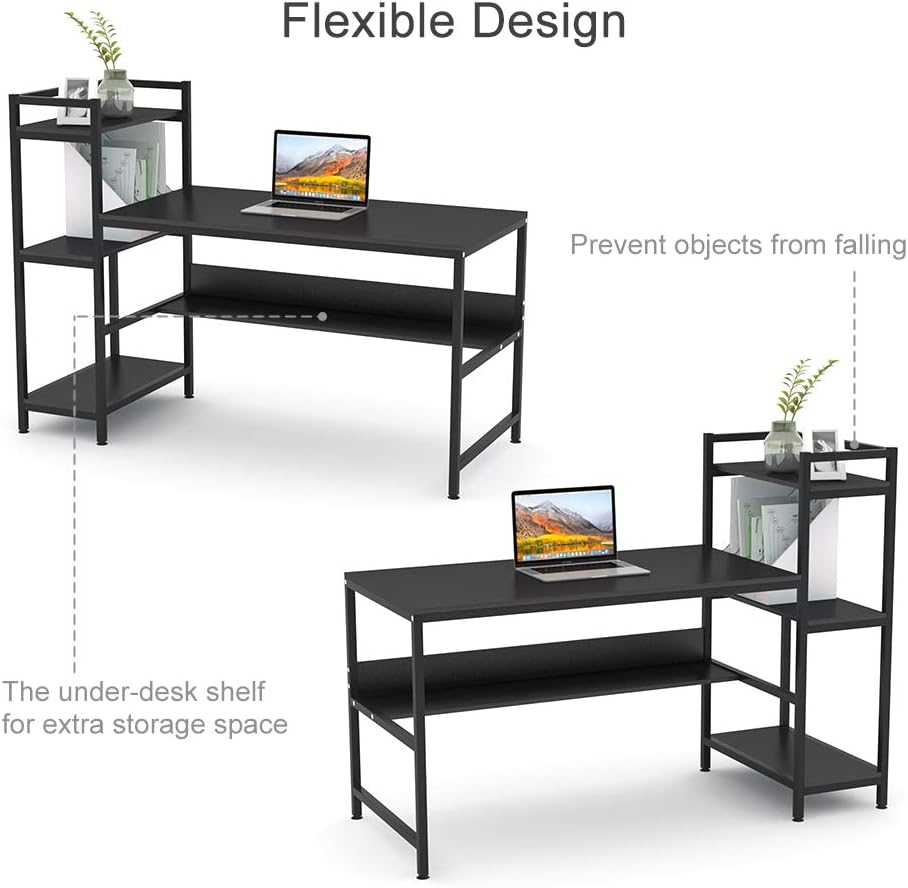 YOLEO Computer Desk with 4 Tier Storage Shelves - 41.7'' Student Study Table with Bookshelf Modern Wood Desk with Steel Frame for Small Spaces Home Office Workstation Black