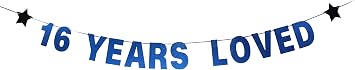 16 Years Loved Banner,Blue Paper Glitter Party Decorations for 16th Birthday Decorations 16th Wedding Anniversary Day Party Supplies