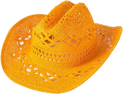 Joytrends Hollow Straw Sun Hat Handmade Woven Cowboy Hat Summer Beach Hat for Women Men Orange