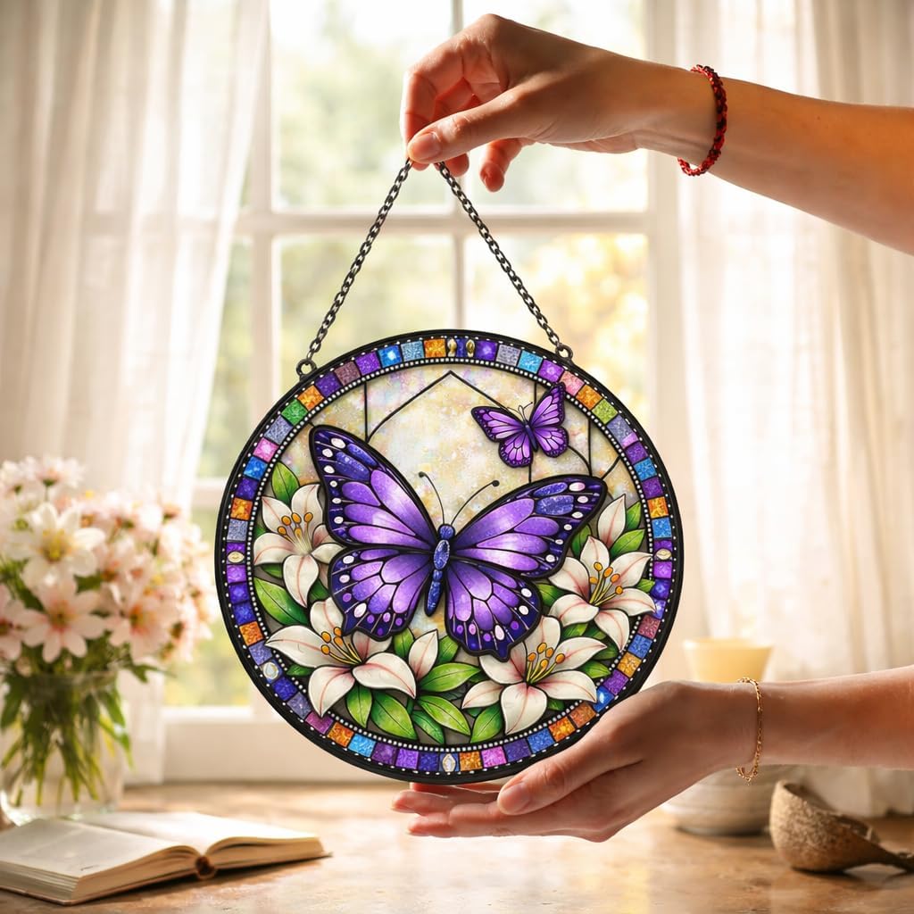 8 Inch Purple Butterfly Stained Glass Suncatcher, Round Butterfly and Lily Window Hanging with Chain, Floral Glass Window Decor for Home, Gift for Mom, Grandma, Women