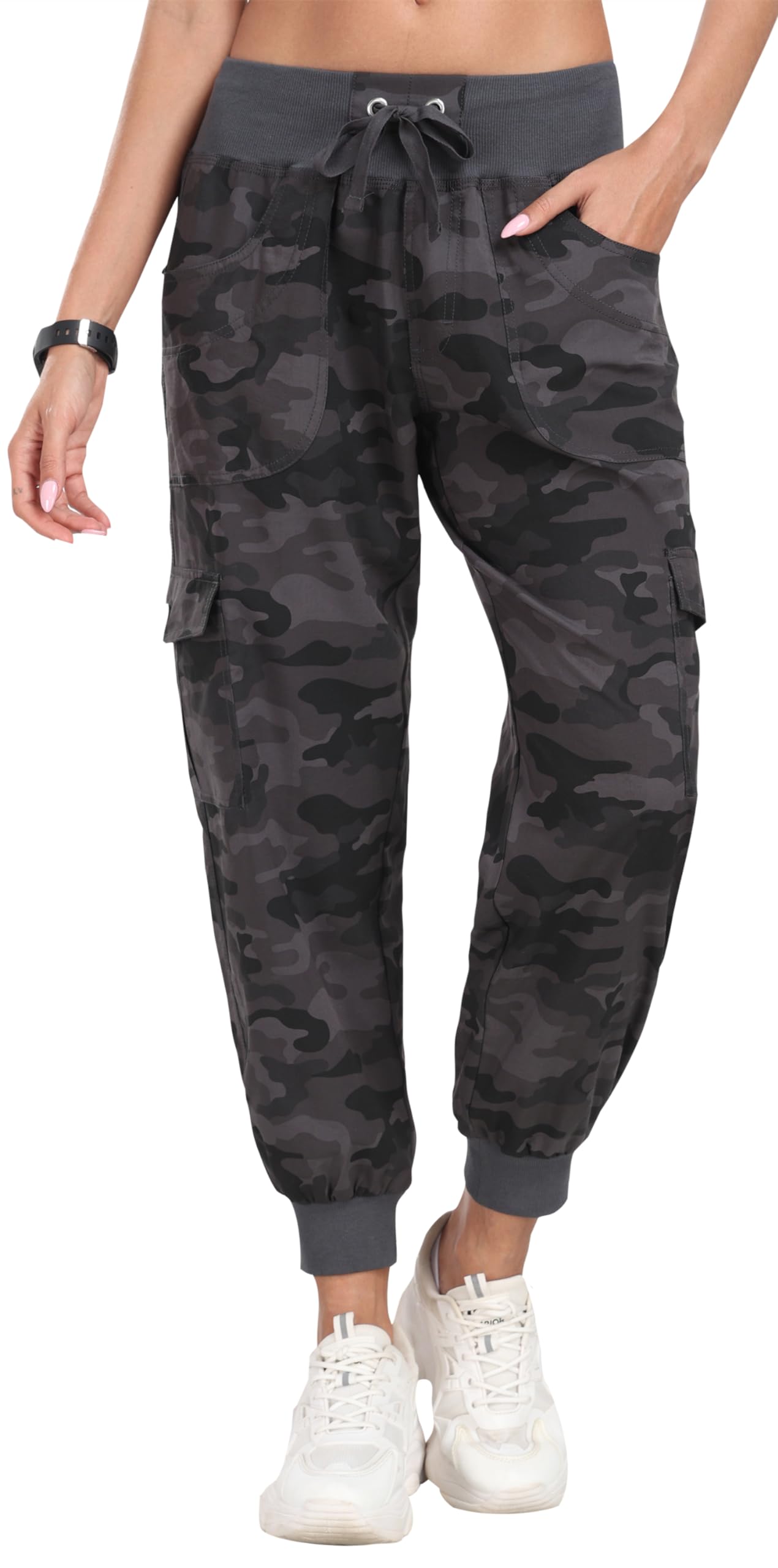 JINSHI Spodnie damskie cargo, długie spodnie Capri, spodnie rekreacyjne, outdoorowe, spodnie do biegania, wysoka talia, ze sznurkiem do ściągania, Tarngrau, M