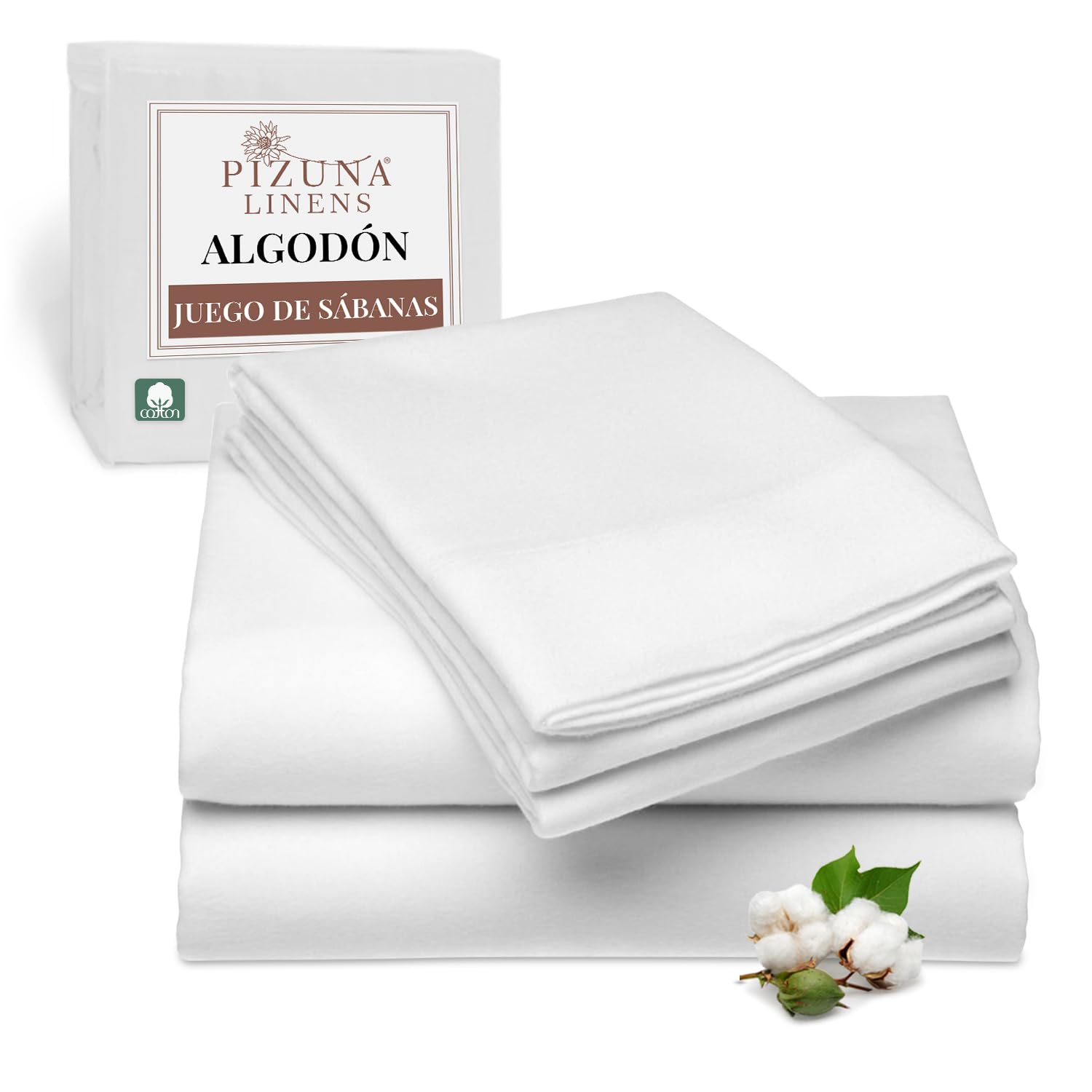 Pizuna Juego de sabanas 135x200 Algodon Blanco, Lujoso satén 100% algodón de Fibra Larga de 400 Hilos Juego de sabanas 135 cm con 1 Sabana encimera, 1 Sabana Bajera, 2 Funda Almohada