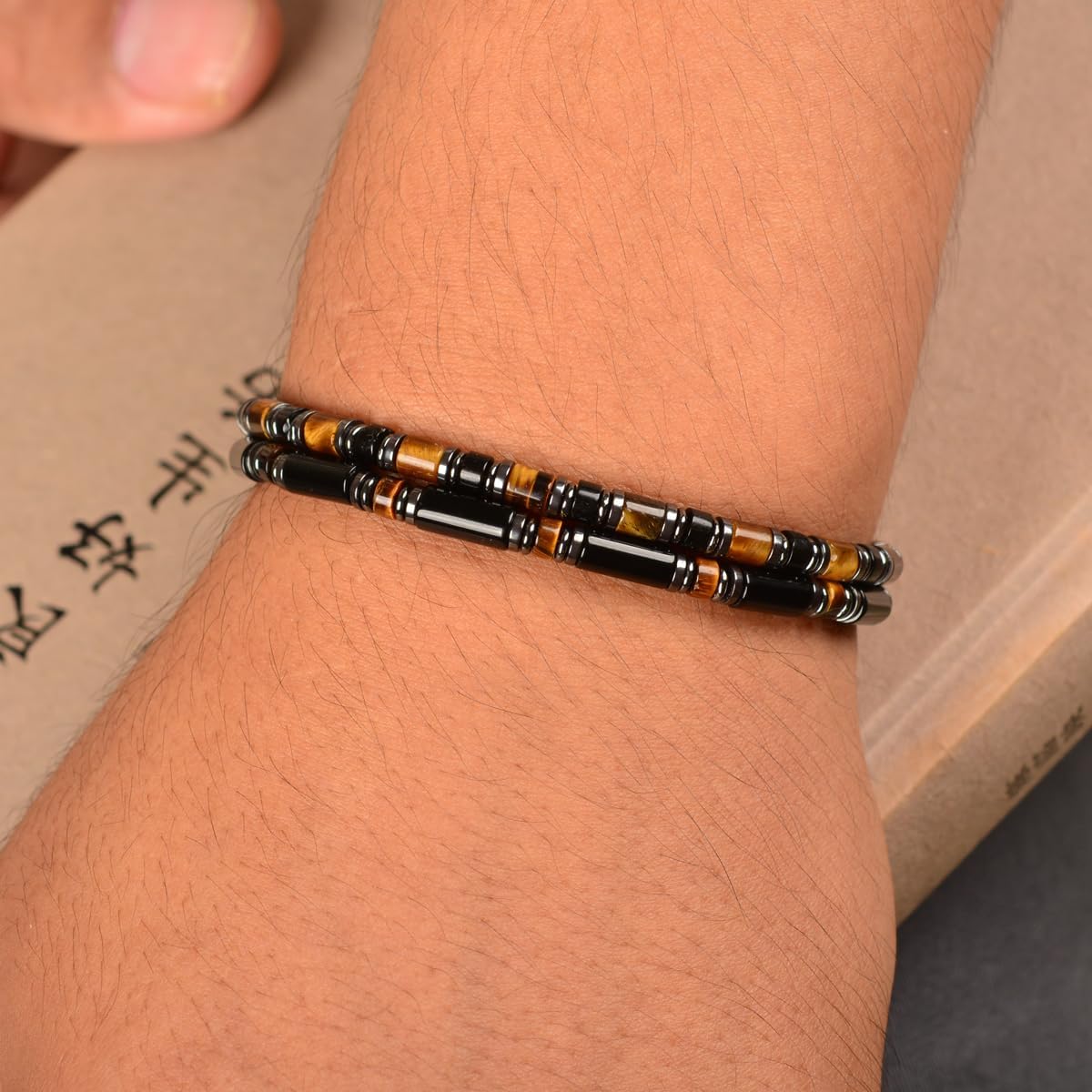 Men's Tiger Eye & Obsidian Hematite Bracelet, Nightfall Glow Collection, Adjustable Stainless Steel Dual-Clasp, Handcrafted Original Design, Durable for Daily Wear, Ideal Gift for Men, Dad, Boyfriend