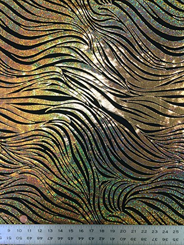Zebra Holographic Foil Pattern On Stretch Lightweight Knit Jersey Polyester Spandex Fabric By The Yard (Black/Gold) #TOP2