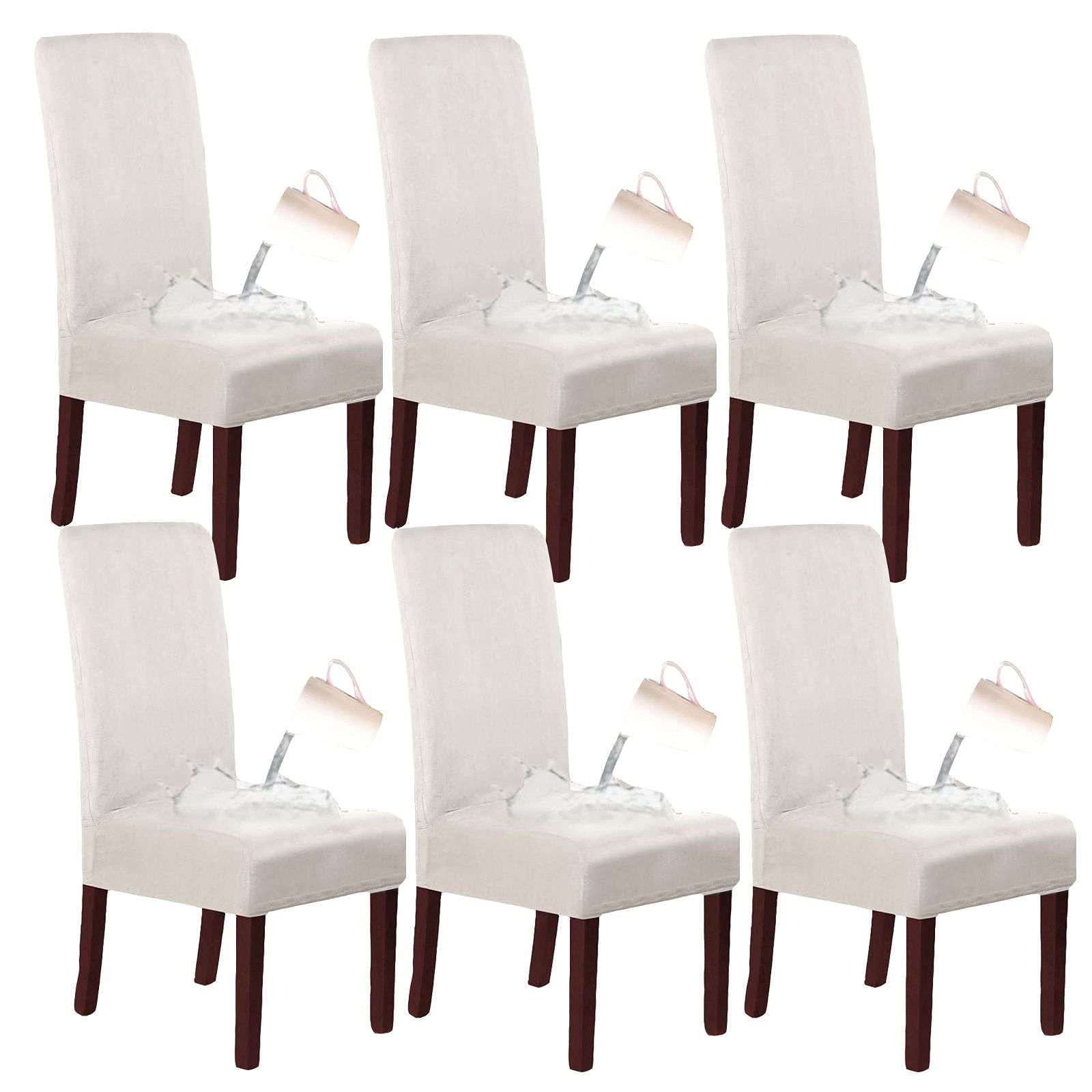Stretch Waterproof Dining Room Chair Slipcovers, Stretch Suede Fabric Removable Dining Chair Covers Seat Slipcover, Chair Covers for Kitchen Hotel-White-Set of 6