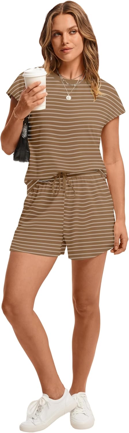 WIHOLL Two Piece Sets for Women Summer Crew Neck Lounge Short Sets Cap Sleeve Drawstring Sweatsuit with Pocket - Image 4